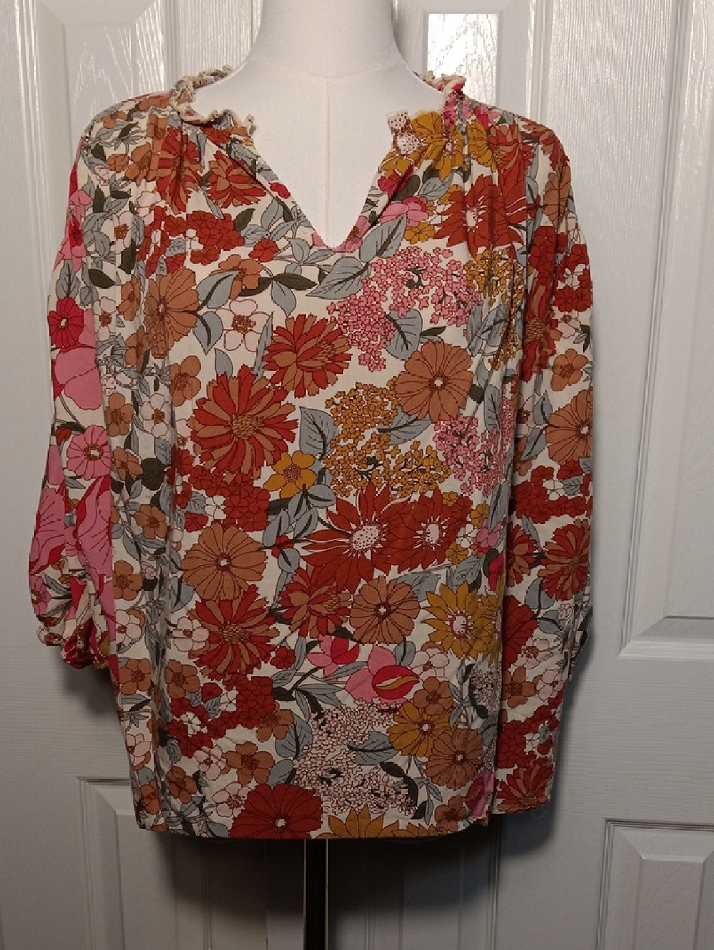 Entro Boho Style Floral V-Notch Peasant Blouse in Rust, Pink & Mustard